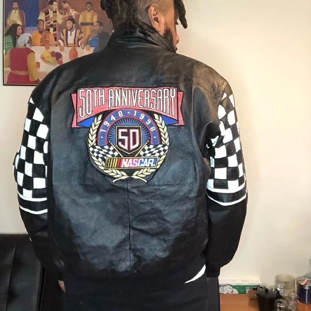 Vintage nascar leather racing jacket Jeff Hamilton checkered flag